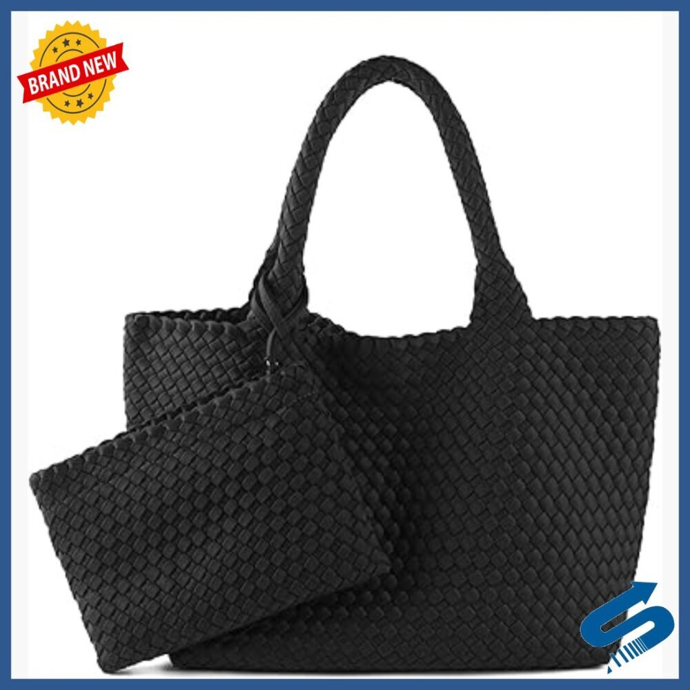 Large Neoprene Tote Bag with Clutch, Handwoven Hobo Shoulder Bag for Travel